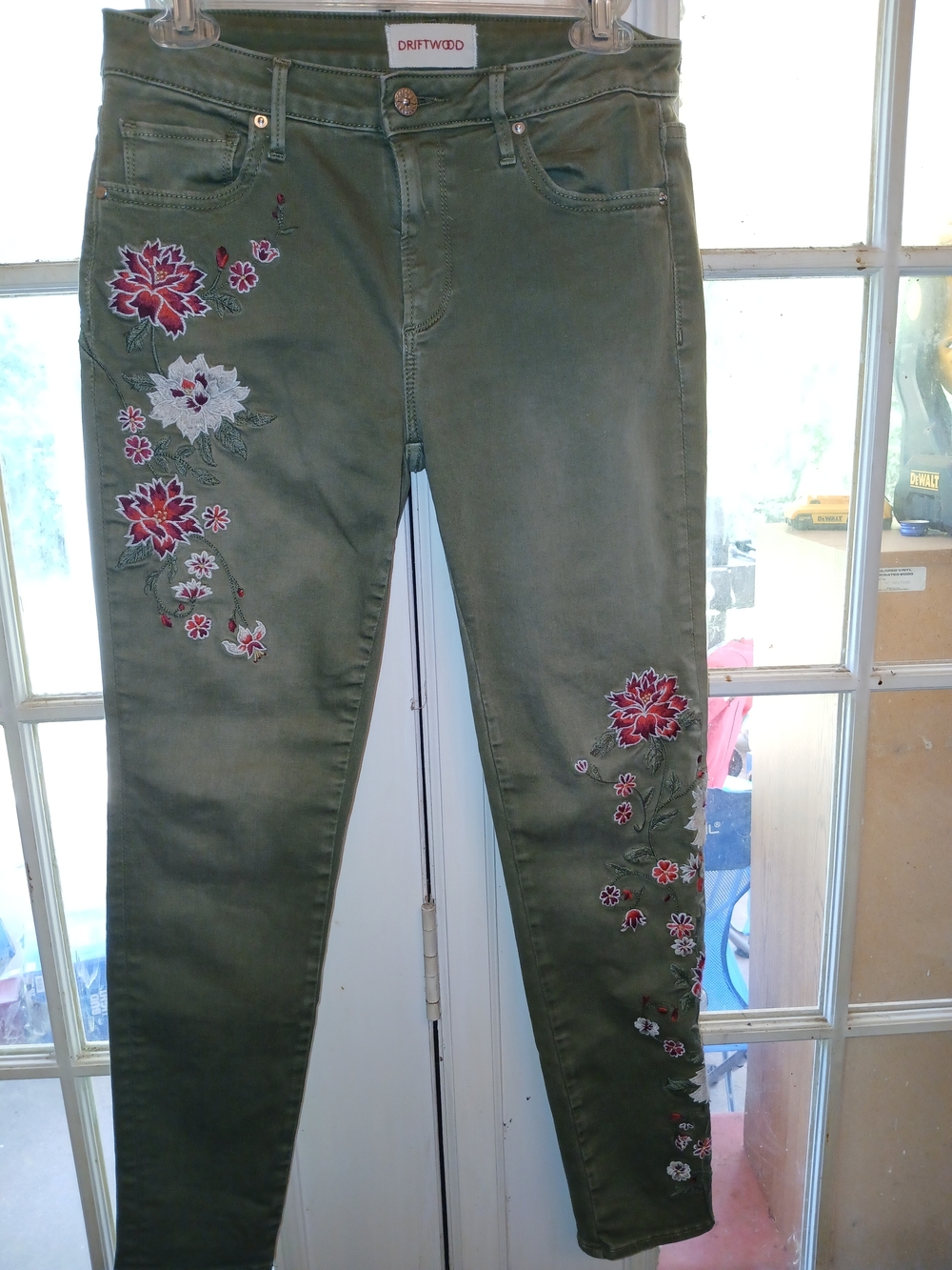 DRIFTWOOD Olive Green Floral Embroidered Skinny Jeans